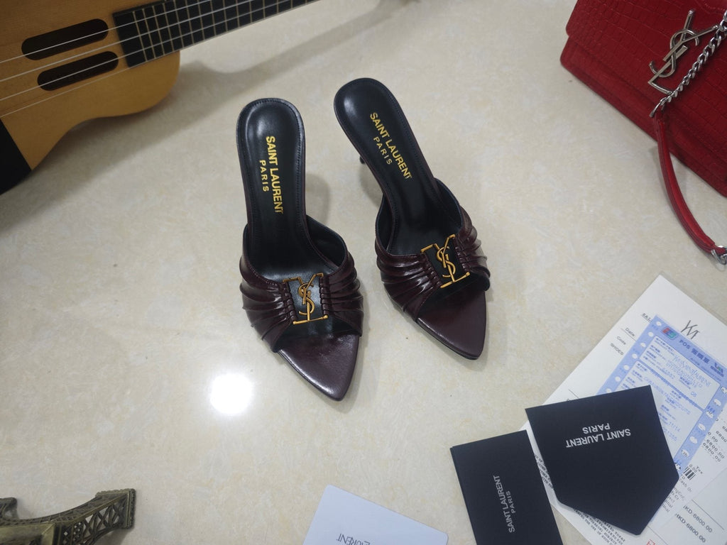Saint Laurent Women's Ruched Logo Mule Heels